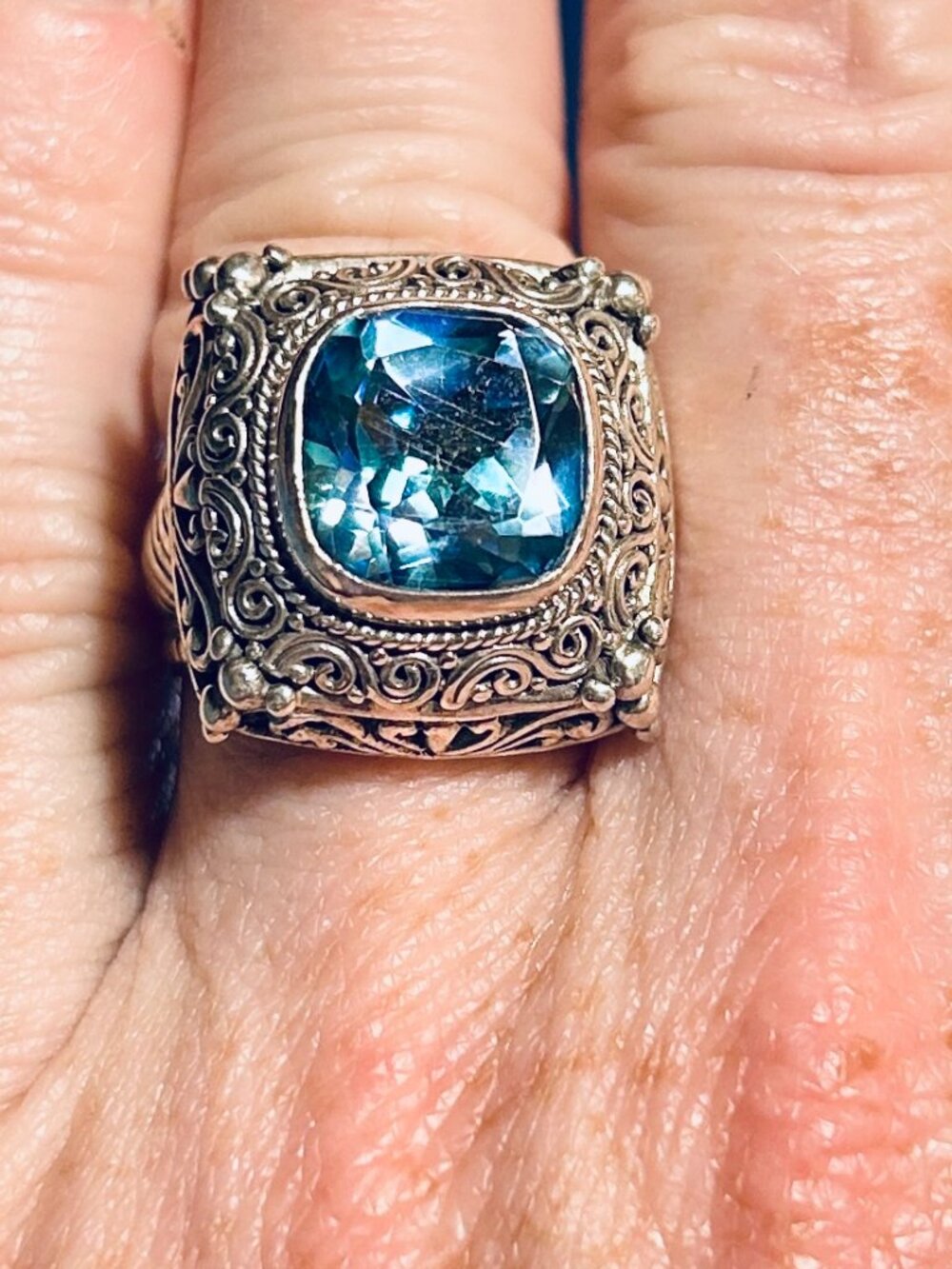 Sterling Silver Filigree Blue Gemstone Statement Ring Size 6.5-7